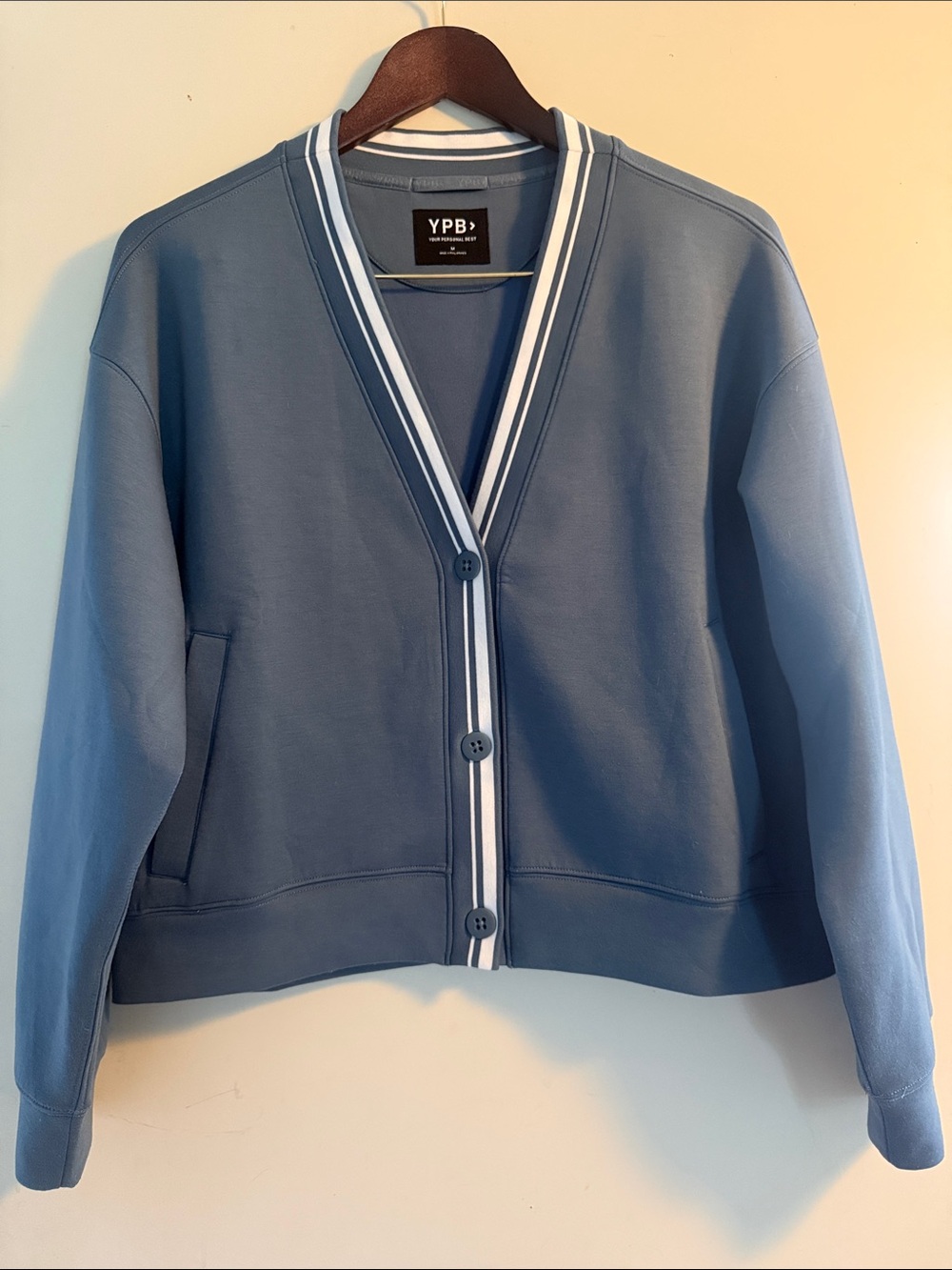 Abercrombie YPB Women’s Blue Striped Trim Button Cardigan Sz M EUC